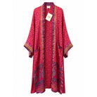 One-of-a-kind maxi kimono in hot pink and orange diamond silk with teal geometric border, by Loft & Daughter