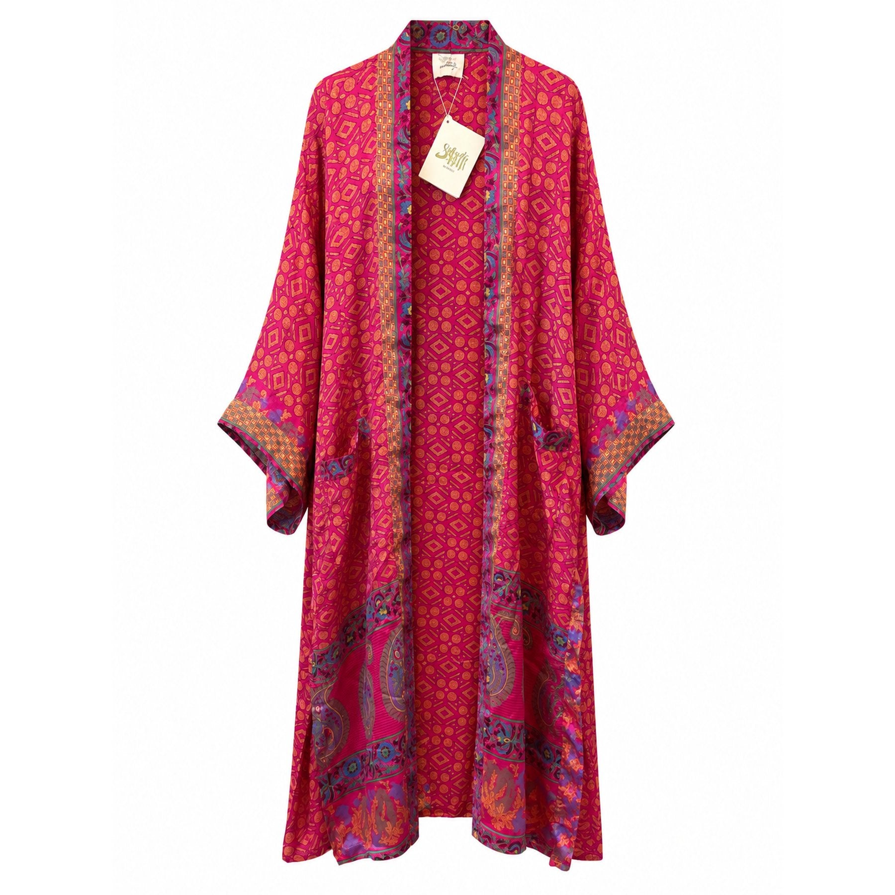 One-of-a-kind maxi kimono in hot pink and orange diamond silk with teal geometric border, by Loft & Daughter