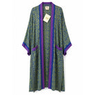 One-of-a-kind maxi kimono in green, blue and purple paisley silk with purple trim, by Loft & Daughter