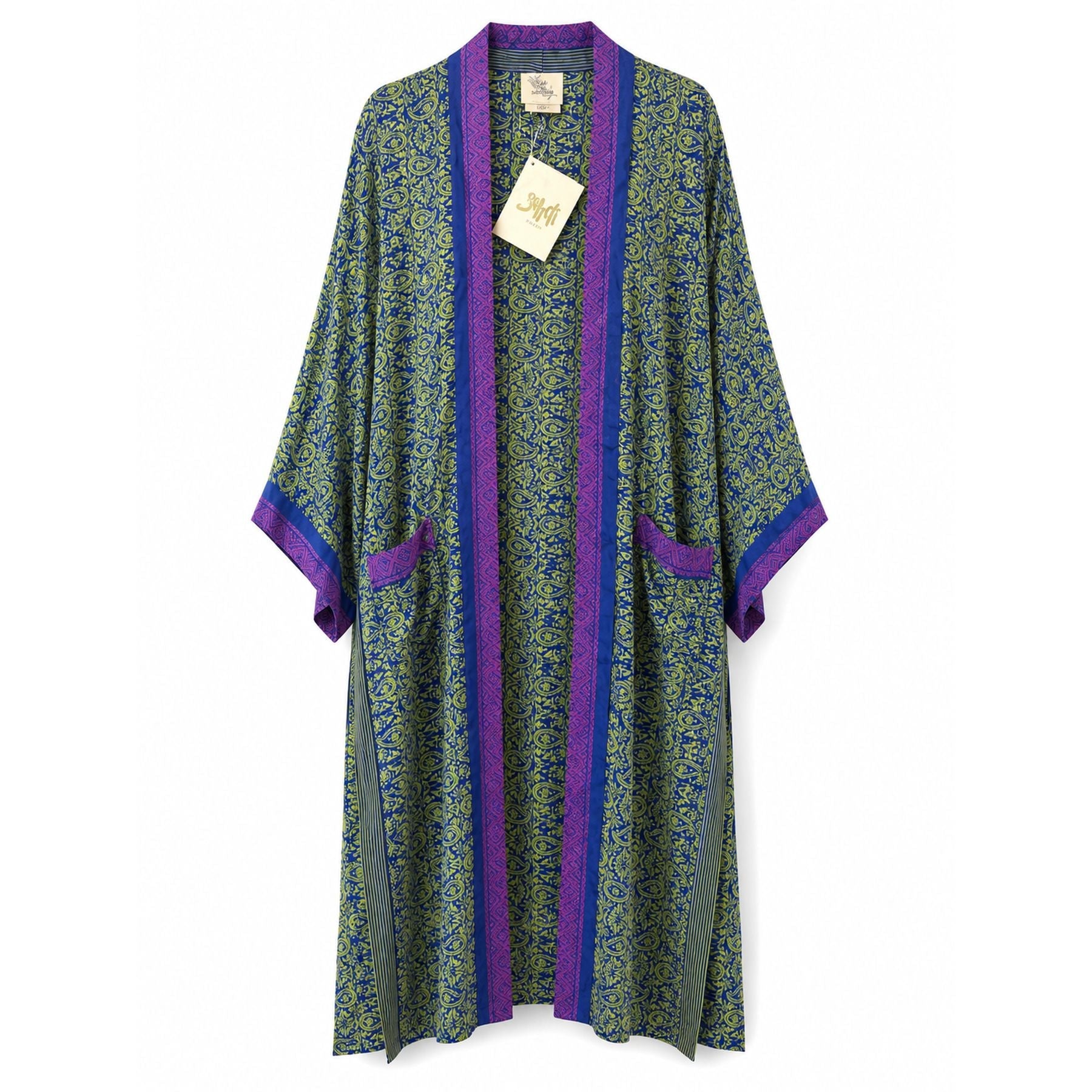 One-of-a-kind maxi kimono in green, blue and purple paisley silk with purple trim, by Loft & Daughter