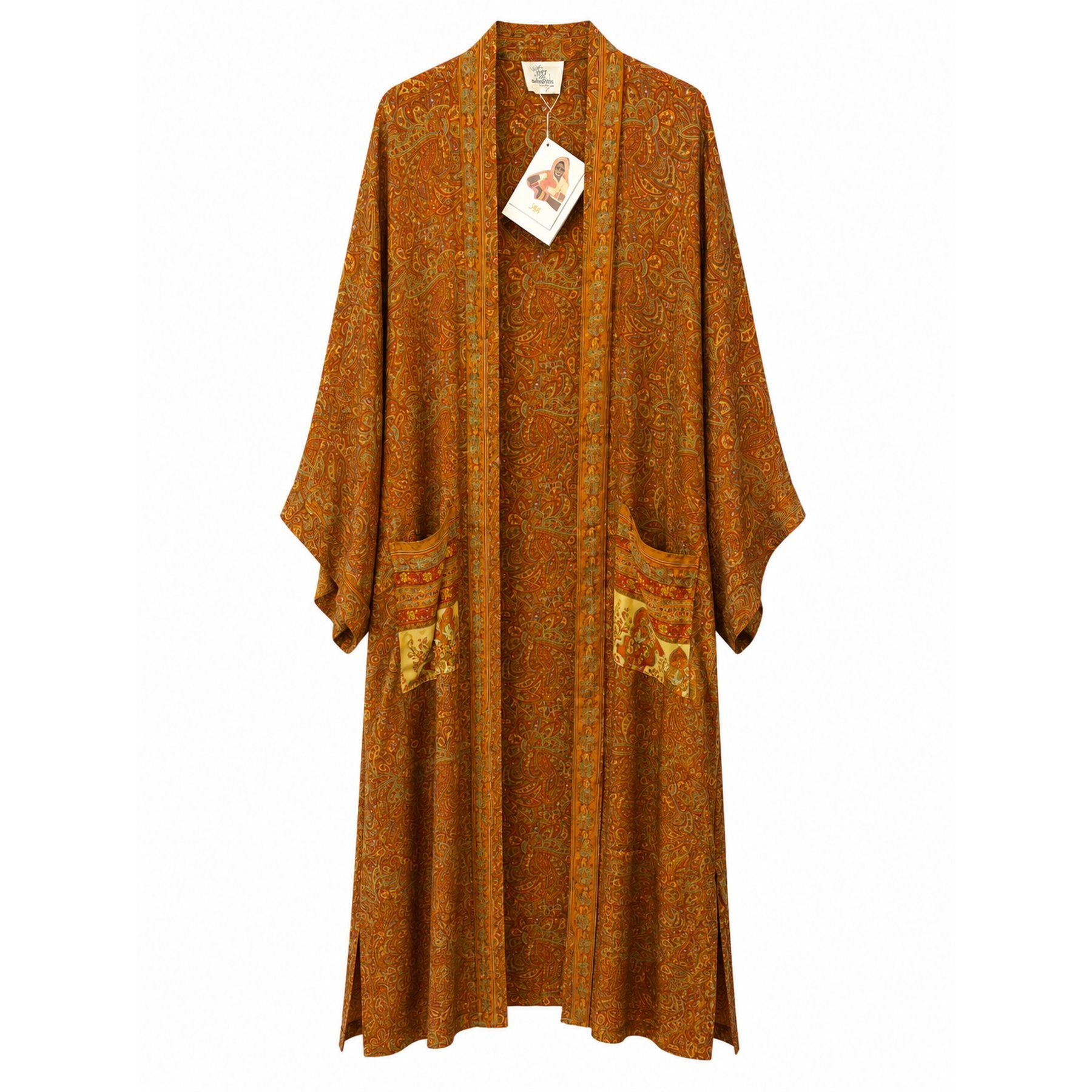 One-of-a-kind maxi kimono in burnt orange and rust paisley silk with sage green accents, by Loft & Daughter