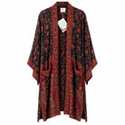 One-of-a-kind midi kimono in black and red floral paisley silk with deep red trim, by Loft & Daughter