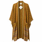 One-of-a-kind midi kimono in mustard gold ornate floral silk with olive and rust tones, by Loft & Daughter