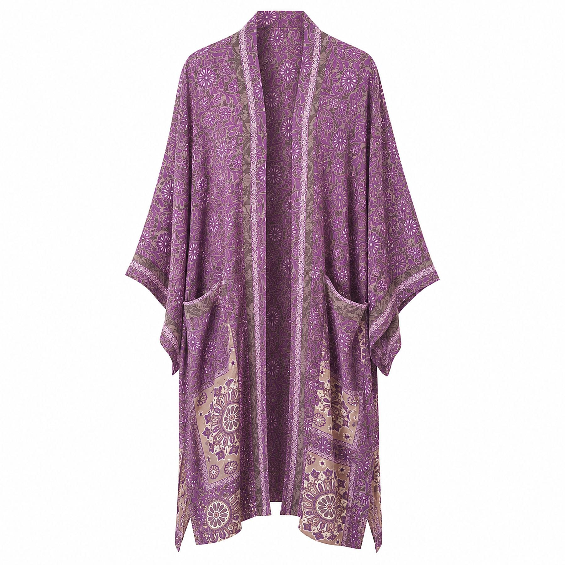 One-of-a-kind midi kimono in dusty purple floral medallion silk with taupe trim, by Loft & Daughter