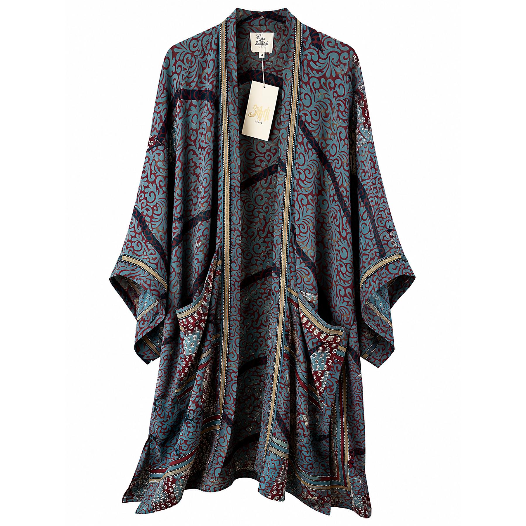 One-of-a-kind midi kimono in teal and burgundy ornate scroll silk with gold trim, by Loft & Daughter