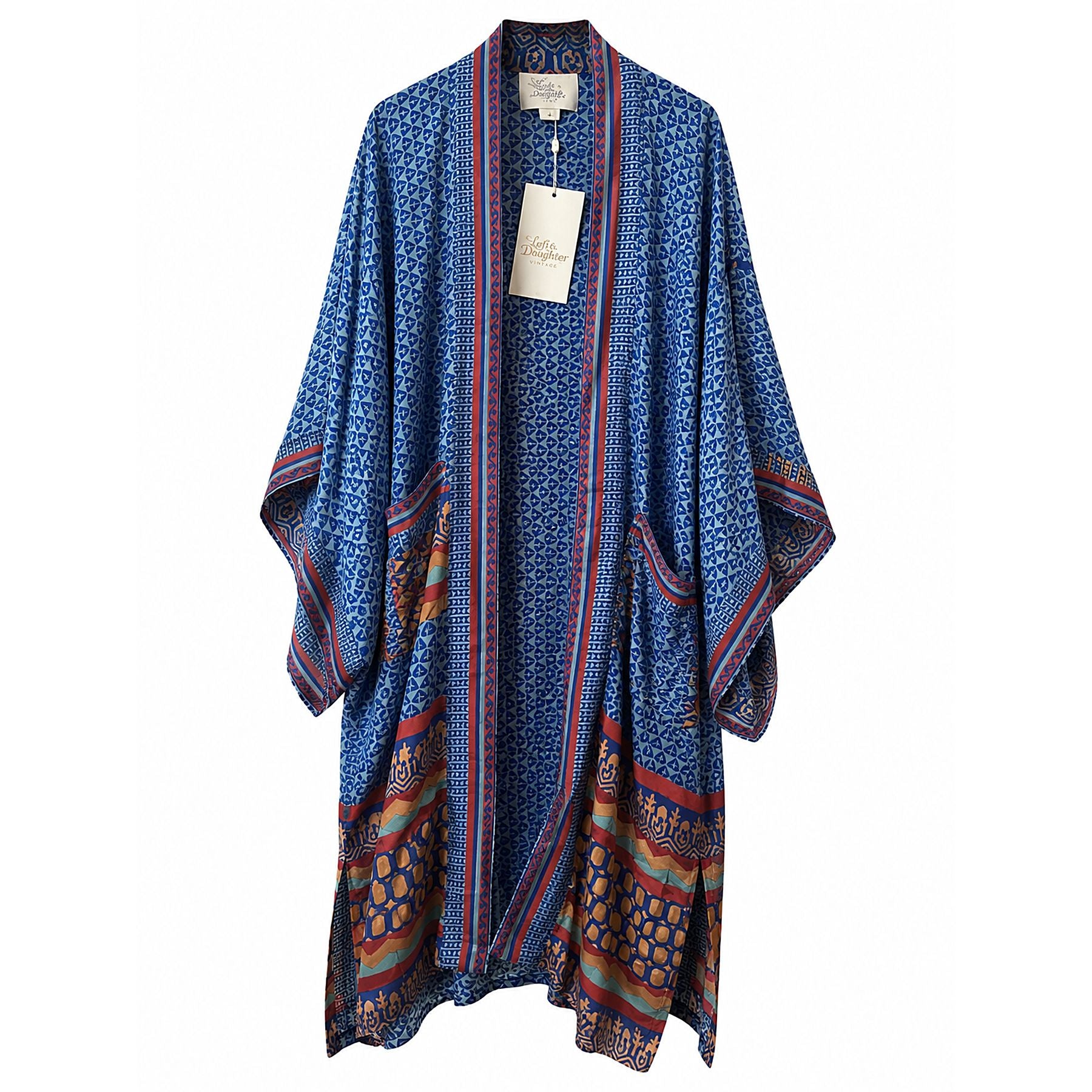 One-of-a-kind midi kimono in indigo blue geometric print silk with rust and cream border, by Loft & Daughter