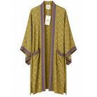 One-of-a-kind midi kimono in olive green and gold ornate scroll silk with purple-pink trim, by Loft & Daughter