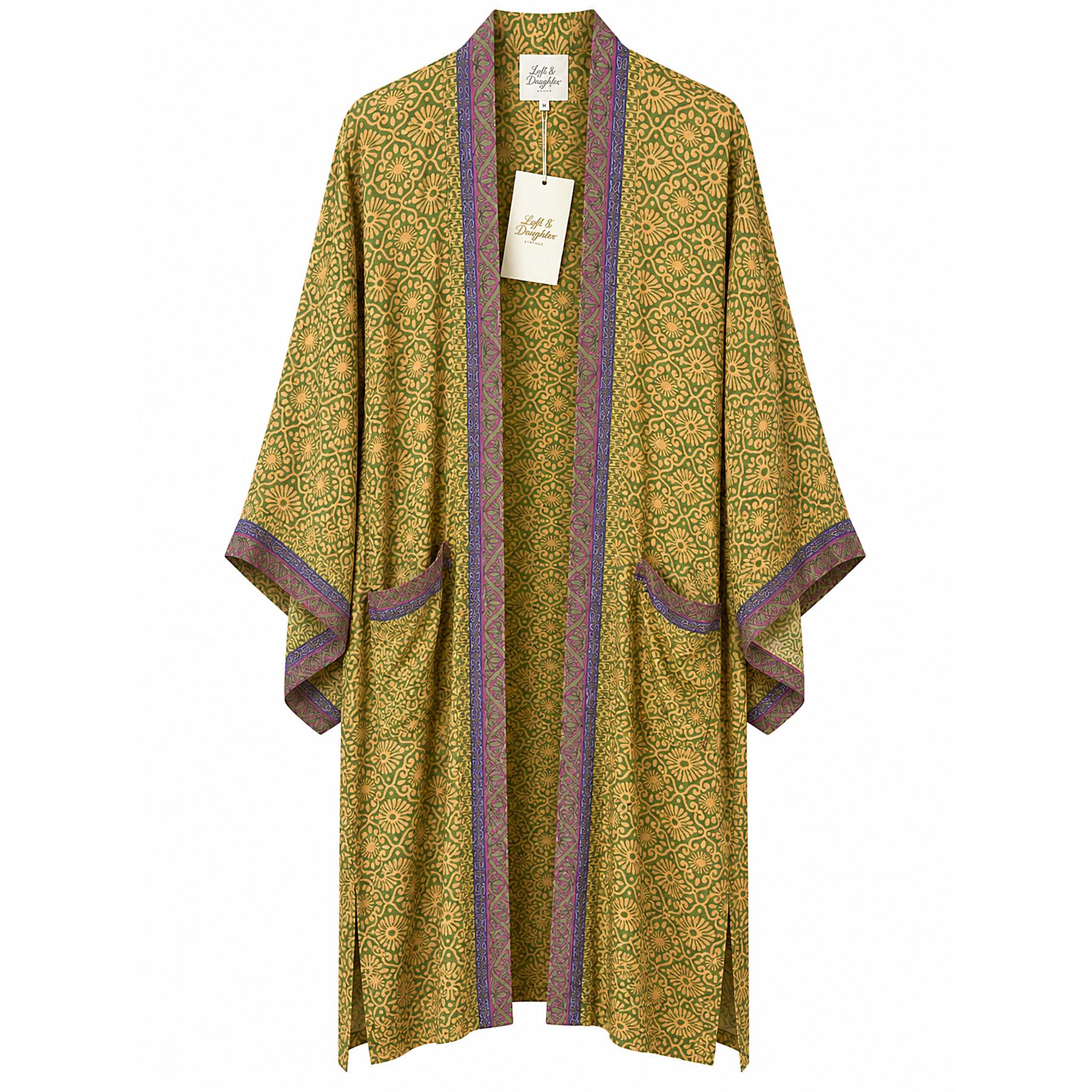 One-of-a-kind midi kimono in olive green and gold ornate scroll silk with purple-pink trim, by Loft & Daughter