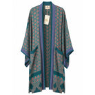 One-of-a-kind midi kimono in teal medallion silk with coral and purple accents, by Loft & Daughter