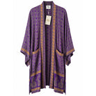 One-of-a-kind midi kimono in purple floral medallion silk with mustard trim, by Loft & Daughter
