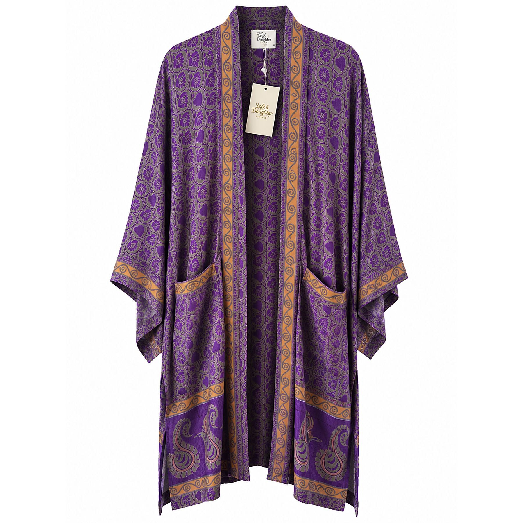 One-of-a-kind midi kimono in purple floral medallion silk with mustard trim, by Loft & Daughter