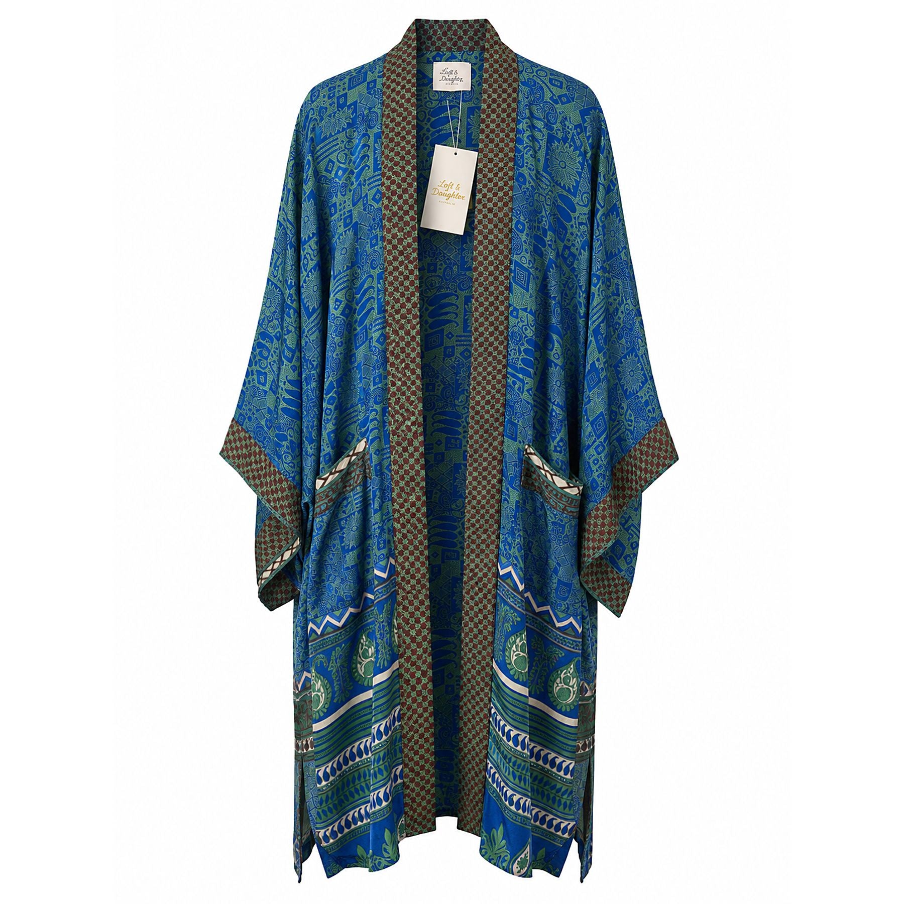 One-of-a-kind midi kimono in blue and green geometric print silk with maroon check trim, by Loft & Daughter
