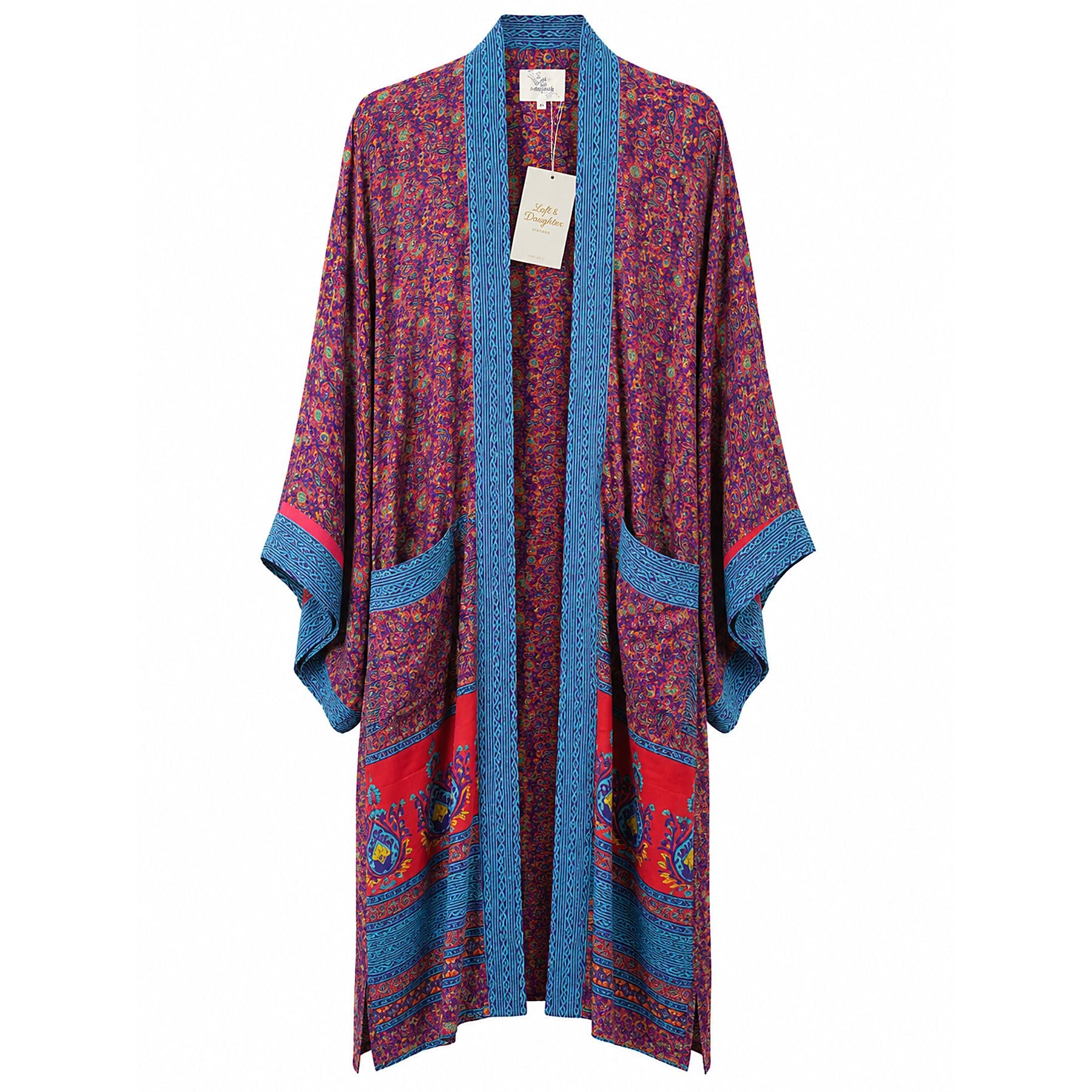 One-of-a-kind midi kimono in red and purple ornate floral silk with blue trim, by Loft & Daughter