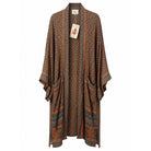 One-of-a-kind midi kimono in rust dotted print silk with teal border, by Loft & Daughter