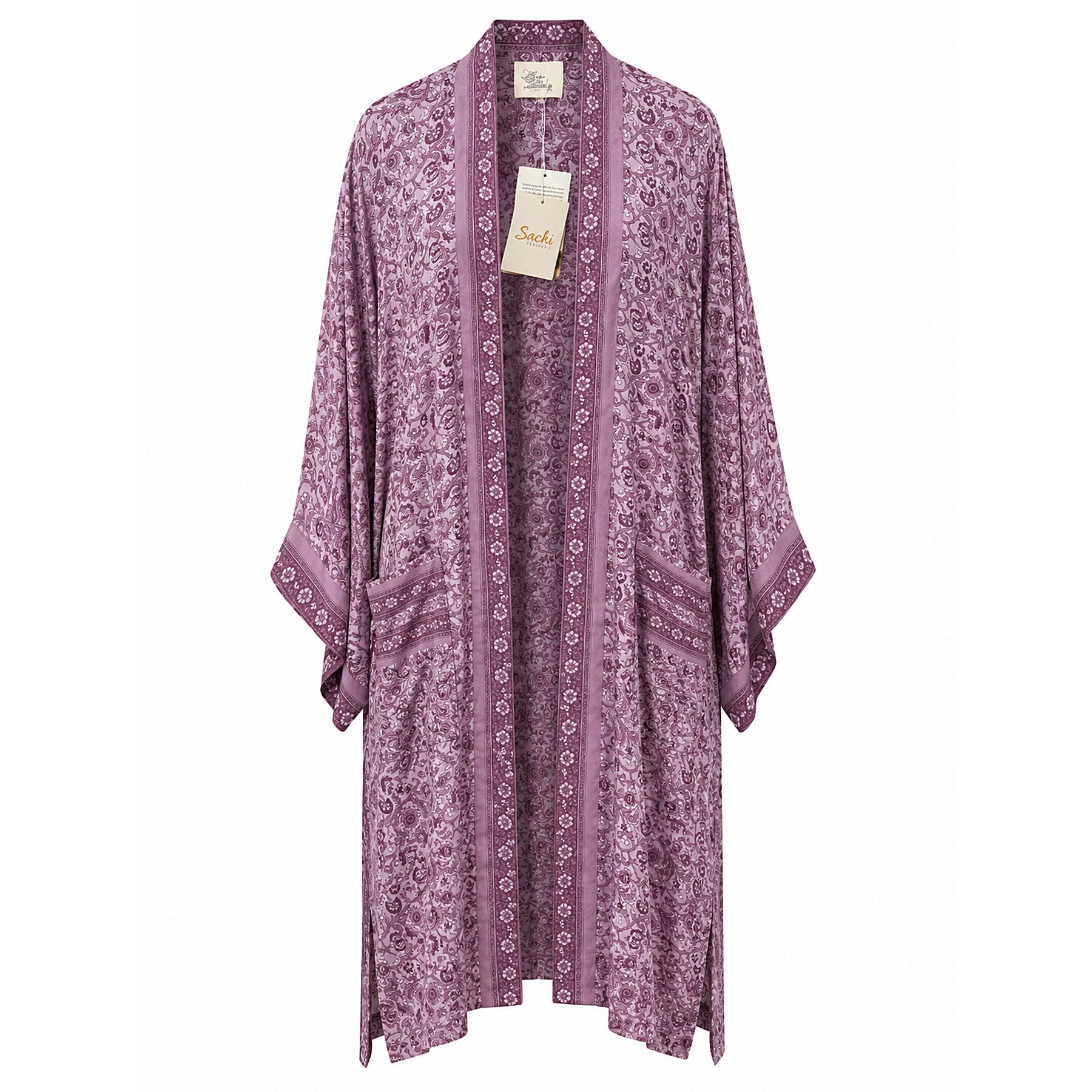 One-of-a-kind midi kimono in dusty mauve floral scroll silk with shimmer, by Loft & Daughter