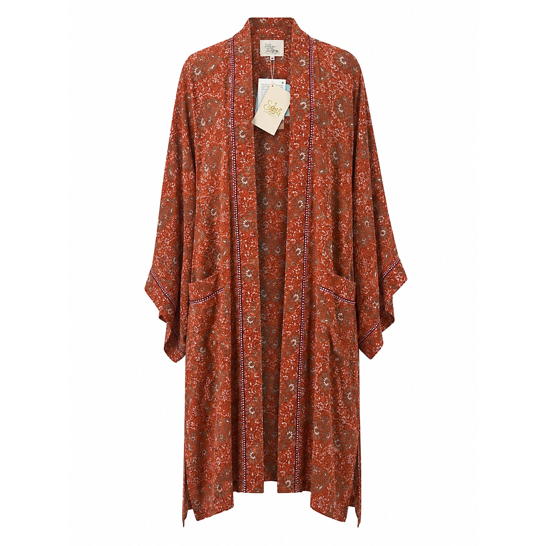 One-of-a-kind midi kimono in burnt orange floral silk with lavender and navy trim, by Loft & Daughter