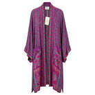 One-of-a-kind midi kimono in pink and teal ornate medallion silk with blue border, by Loft & Daughter