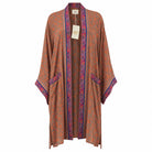 One-of-a-kind midi kimono in orange and teal paisley silk with hot pink trim, by Loft & Daughter