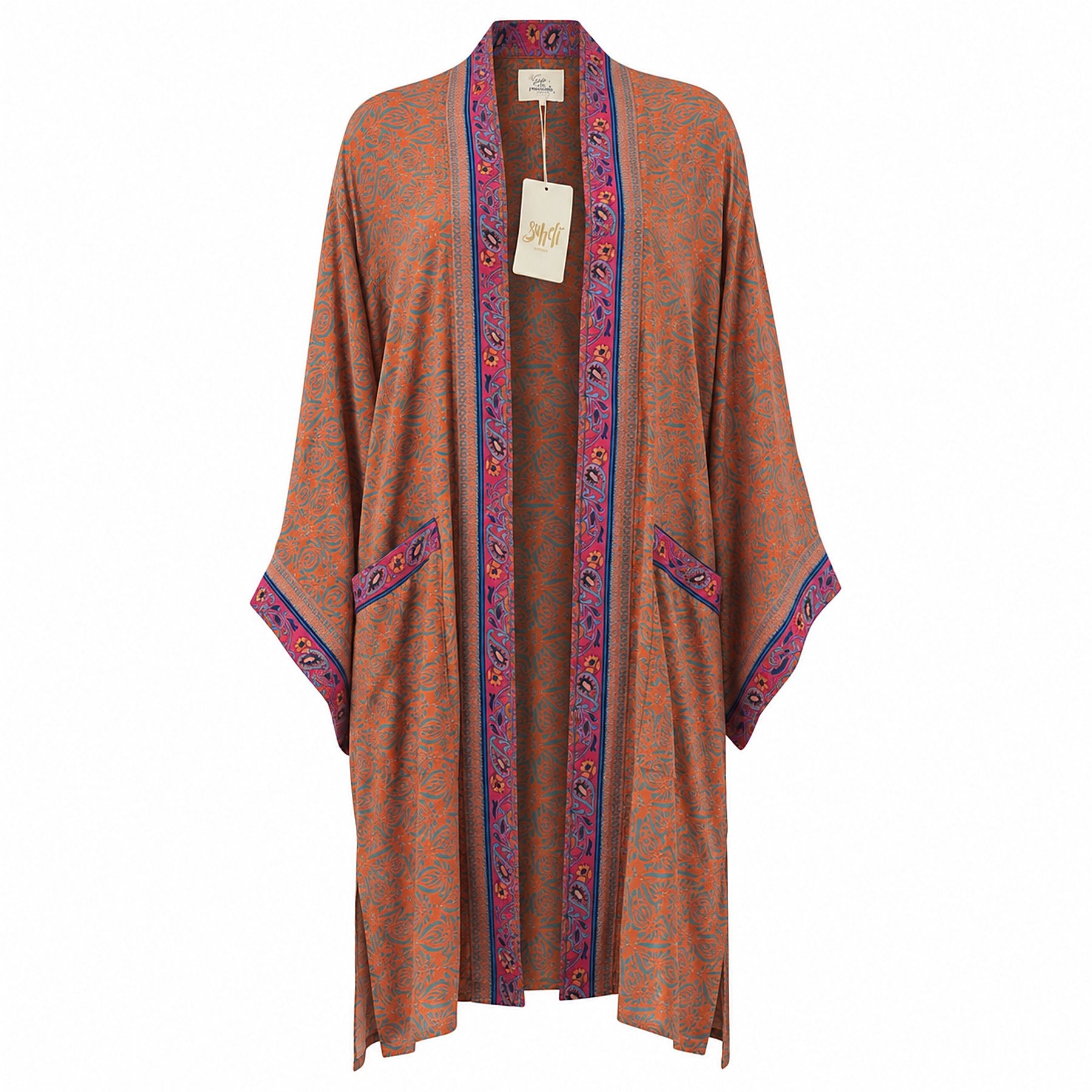 One-of-a-kind midi kimono in orange and teal paisley silk with hot pink trim, by Loft & Daughter
