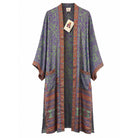 One-of-a-kind maxi kimono in purple and sage floral print silk with orange border, by Loft & Daughter