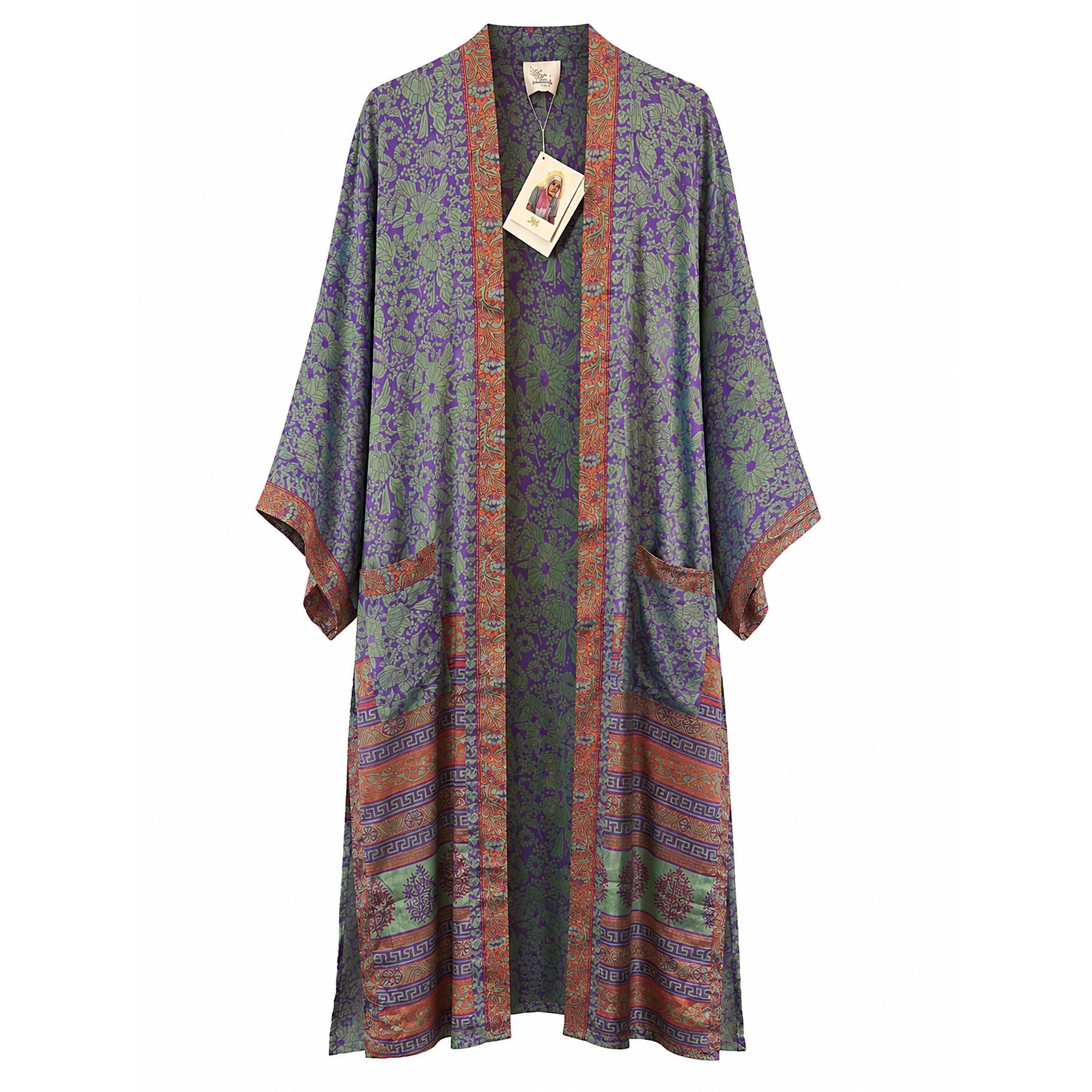 One-of-a-kind maxi kimono in purple and sage floral print silk with orange border, by Loft & Daughter