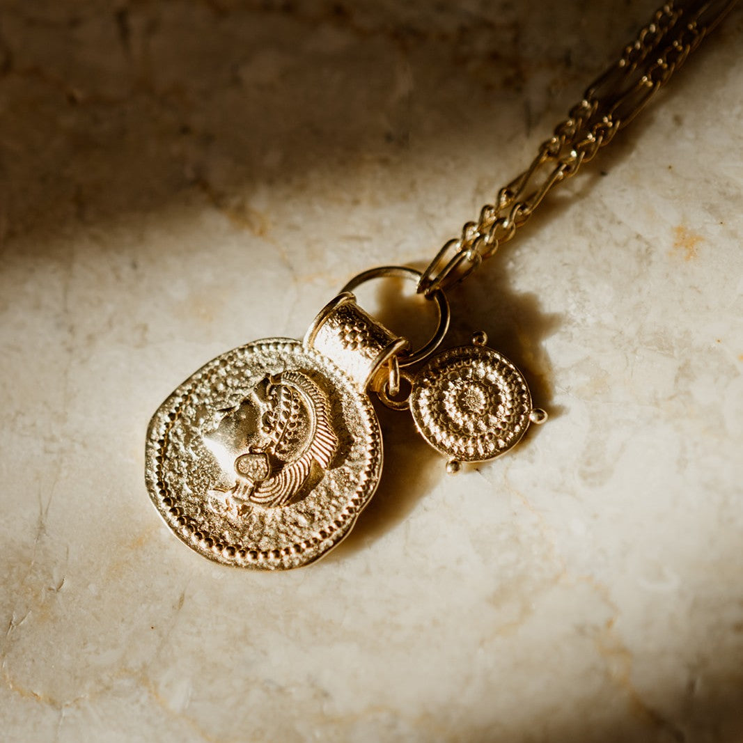 Detailed view of the Athena Shield Pendant symbolising courage and inner strength